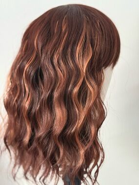 Auburn Brown Wavy Wig With Bangs Natural Looking Soft Waves Shoulder Length Hair